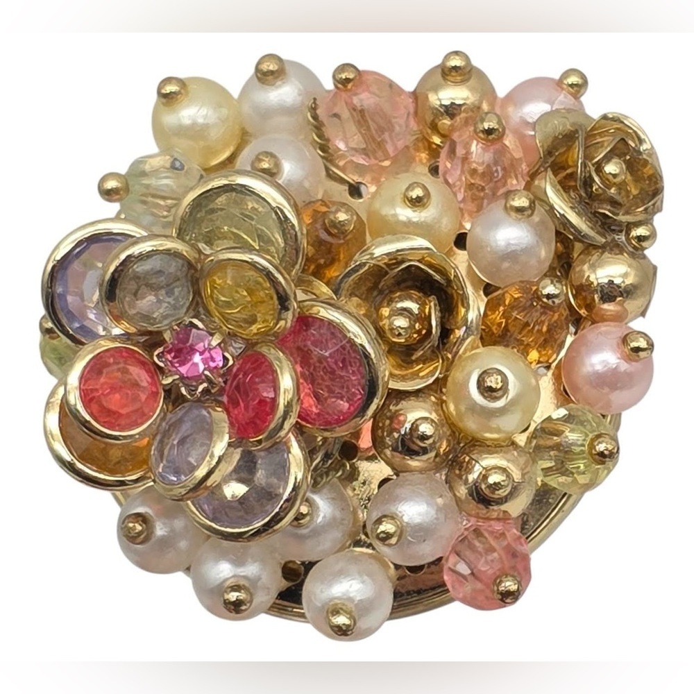Vintage Gold Tone Floral Cluster Ring Faux Pearl Crystal Couture Statement